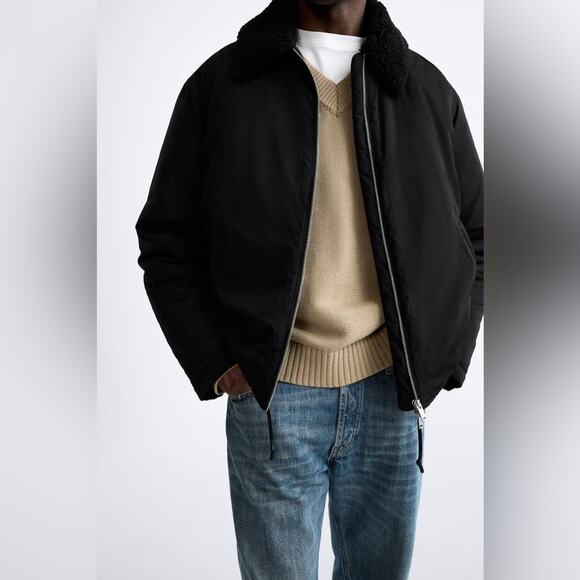 MEN ZARA BLACK MATCHING COLLAR PUFFER JACKET Size Medium - Picture 3 of 13